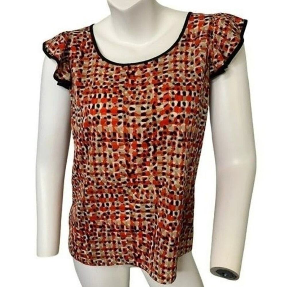 Ann Taylor Small PETITE back cutout ruffle short sleeve patterned blouse